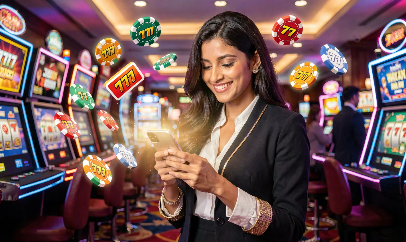 Focused Bangladeshi player using the 788TK casino app on her smartphone as glowing poker chips and 777 symbols float nearby