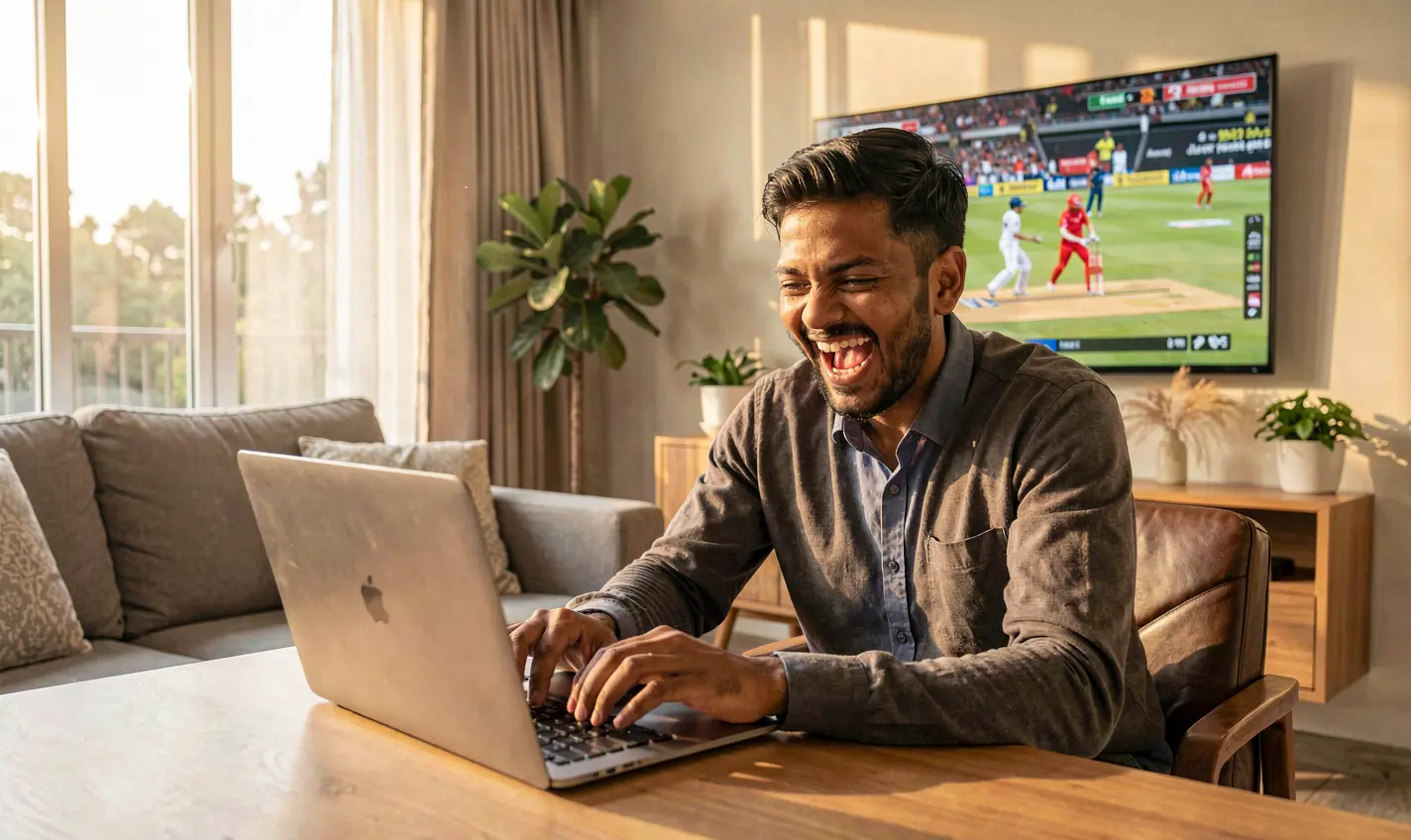 788TK Bet – Experience the thrill of winning sports bets in Bangladesh A passionate Bangladeshi sports bettor celebrating a winning moment while placing online bets on a laptop with live cricket action behind him using 788TK