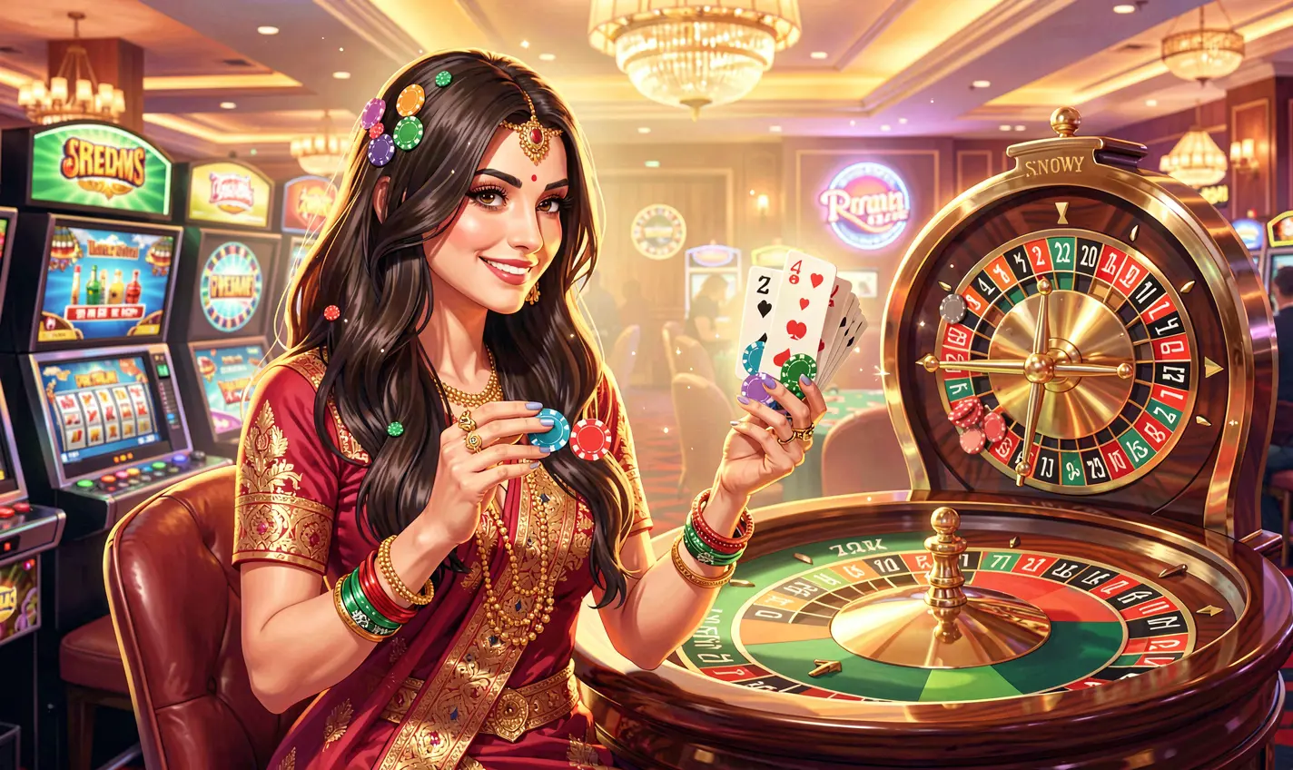 Stylish casino scene with a glamorous woman near a roulette wheel highlighting premium gaming and bonus excitement at 788TK casino in Bangladesh