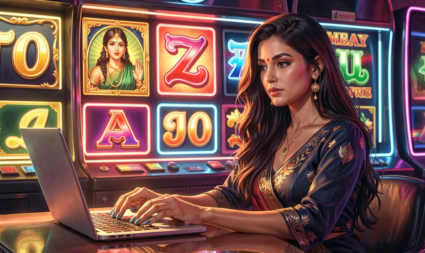 Focused female gamer enjoying colorful online casino gameplay with bright neon visuals on the 788TK platform in Bangladesh