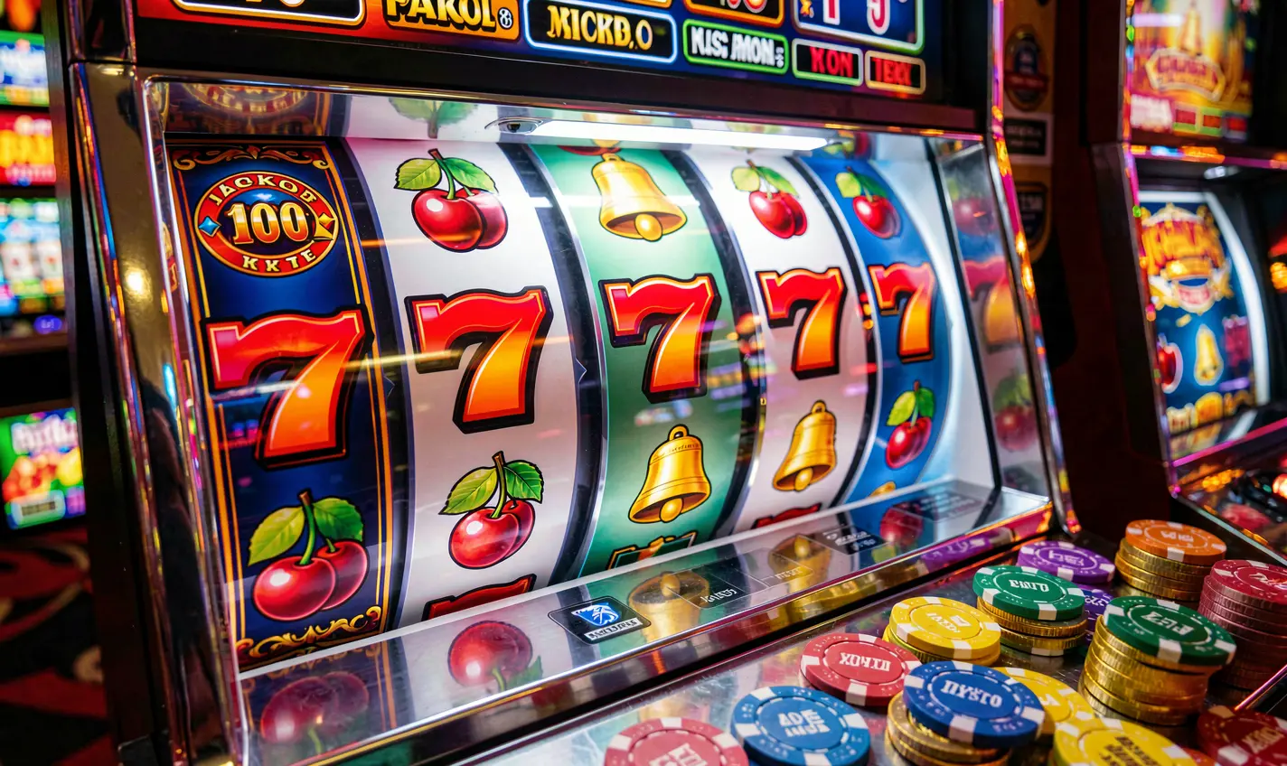 Modern slot machine with glowing reels and stacked casino chips representing high quality gaming at 788TK online casino in Bangladesh